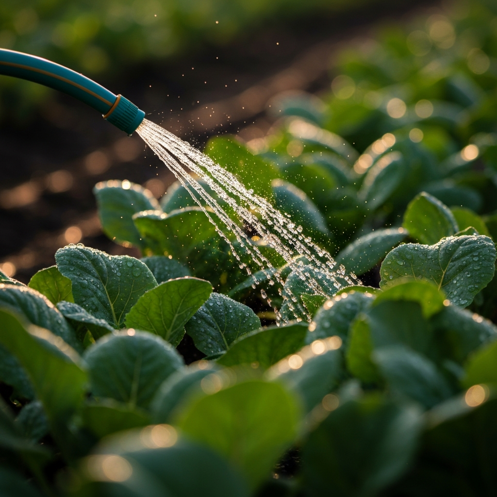 A close-up of a soaker hose gently watering a row of vegetable plants, with water droplets glistening on the leaves in golden hour lighting.