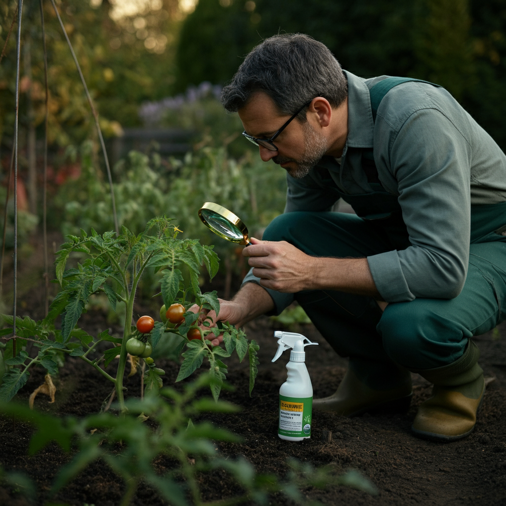 A gardener inspecting a tomato plant leaf for pests, with a magnifying glass in hand and a spray bottle of organic pest control nearby in a well-lit garden.
