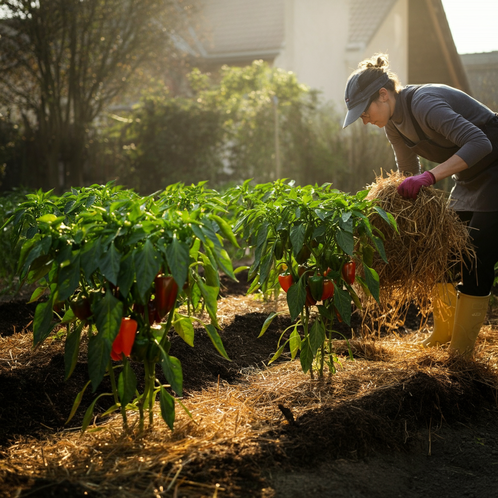 A gardener spreading straw mulch around a row of pepper plants, with the warm sunlight creating long shadows and highlighting the texture of the straw.