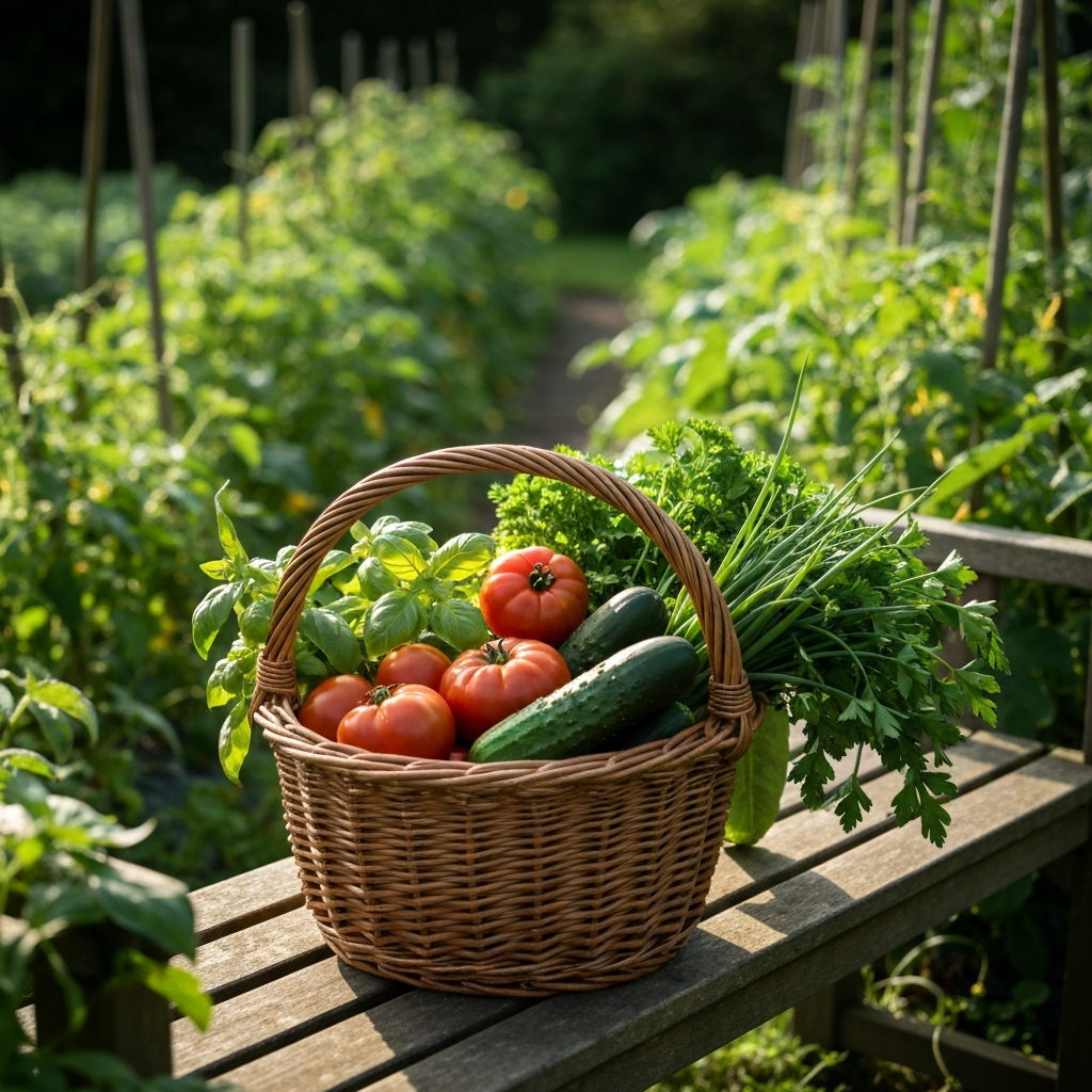 A wicker basket overflowing with freshly harvested tomatoes, cucumbers, and herbs, sitting on a wooden garden bench in the dappled sunlight of a vegetable garden.