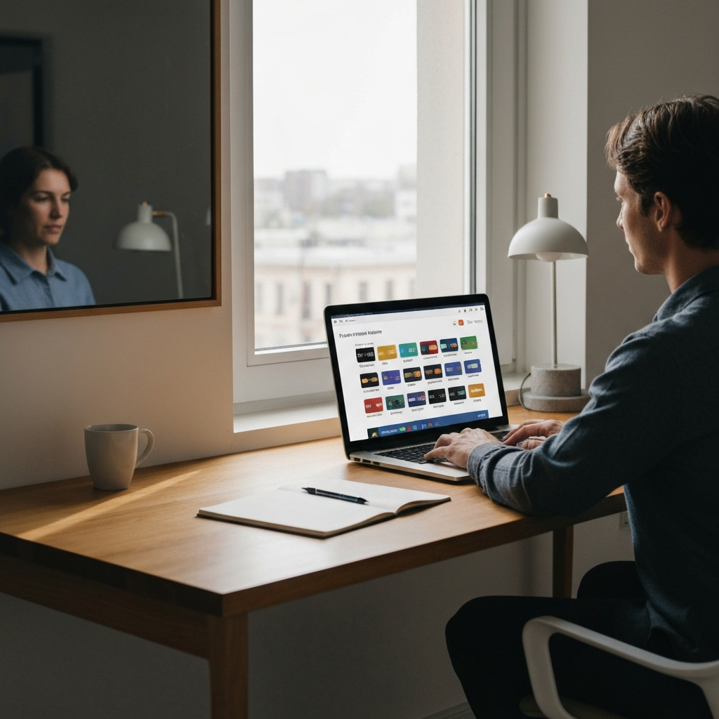 A person sitting at a modern desk, using a laptop. The screen displays a comparison chart of different travel credit cards. The room has natural light coming in from a nearby window, illuminating the workspace.