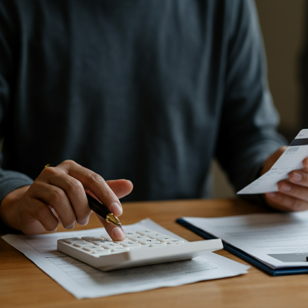 A person carefully using a calculator while reviewing credit card statements on a well-lit table. Focus on the person's hands and the texture of the financial documents.