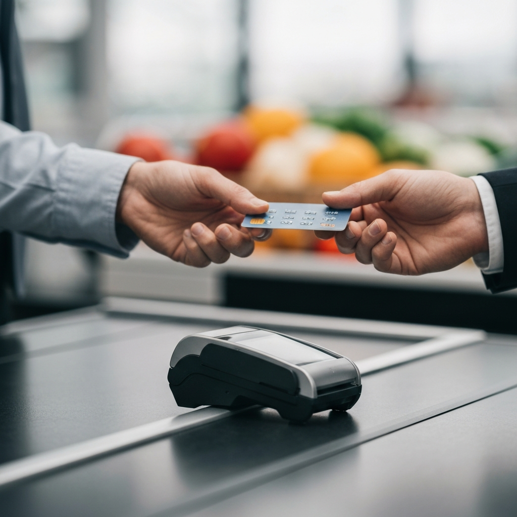 Close-up shot of a person paying for groceries at a checkout counter using a credit card. Focus on the credit card and the point-of-sale terminal, with soft bokeh in the background.