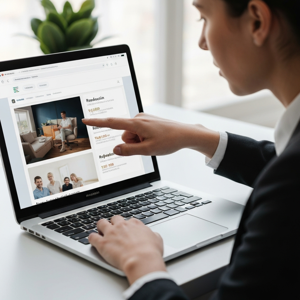A person pointing at a laptop screen displaying a travel booking website with different redemption options highlighted. The scene is well-lit with a focus on the screen and the person's hand.