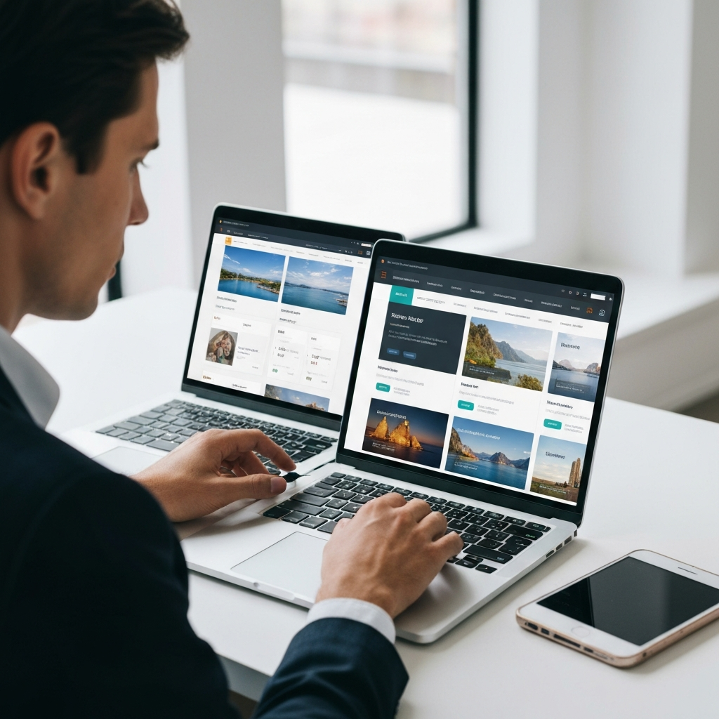 A person meticulously comparing prices on different travel websites on a split-screen laptop. The scene is brightly lit, showcasing the details of the websites and the person's focused expression.