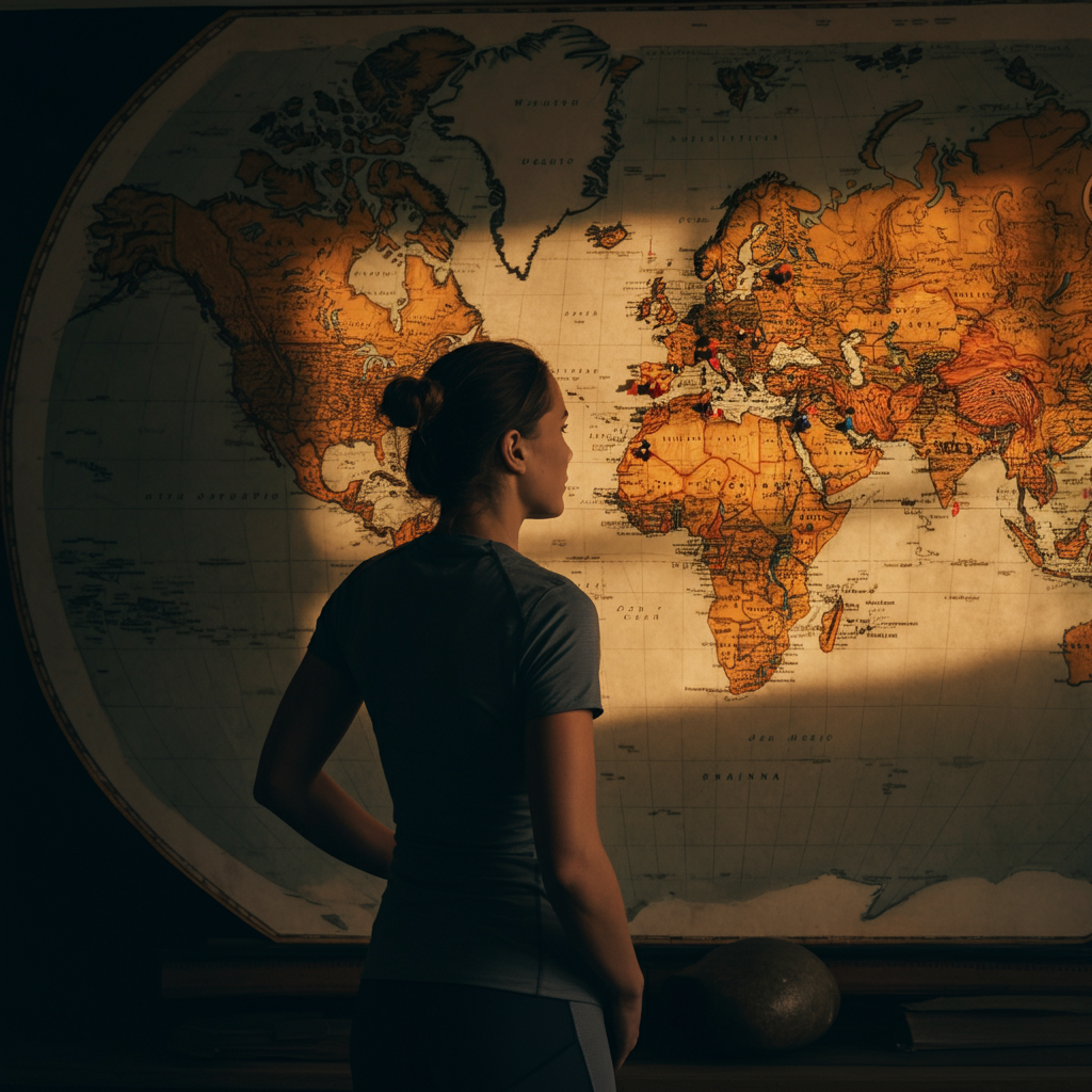A person looking at a world map with pushpins marking various destinations, bathed in warm, golden hour light. The map is textured and vintage, adding to the scene's visual appeal.