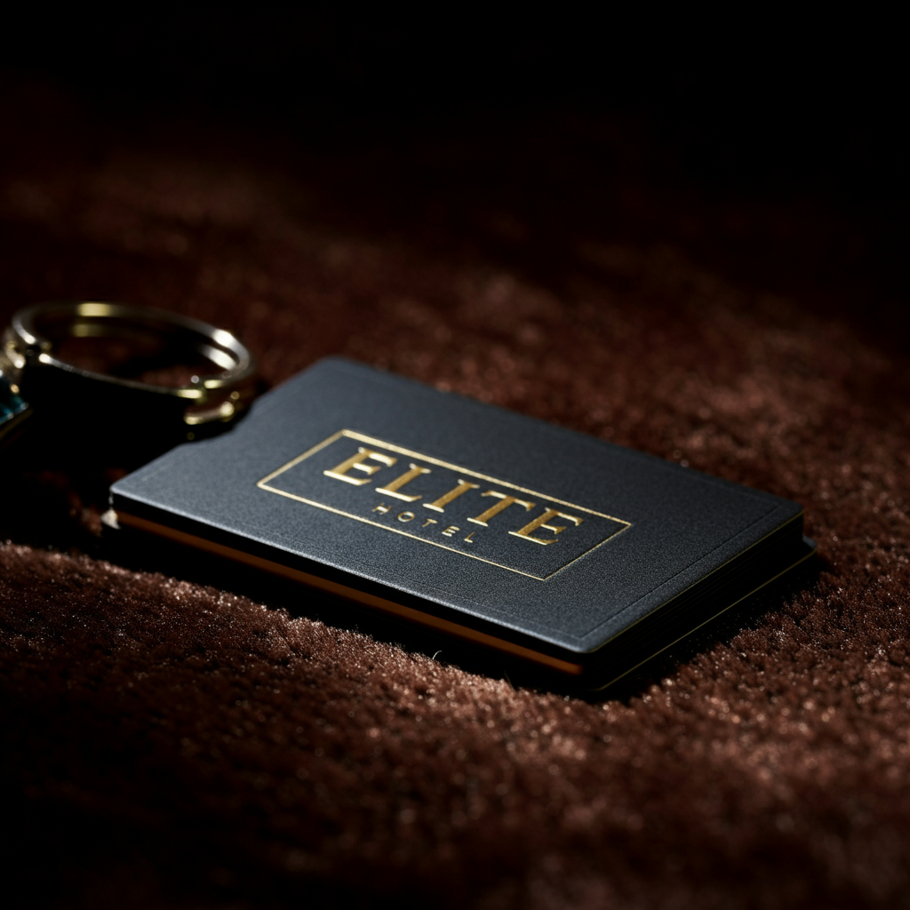 Close-up shot of a hotel key card with an elite status logo displayed prominently. The key card is lying on a plush, textured surface, hinting at luxury and exclusivity.