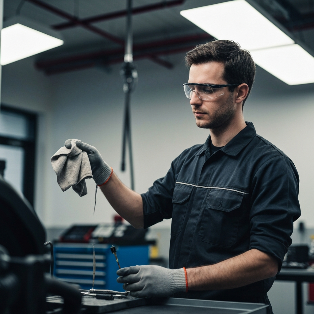 A mechanic in a clean shop environment, wearing gloves and safety glasses, checking the engine oil dipstick with a rag in hand. Soft overhead lighting and visible tools in the background.