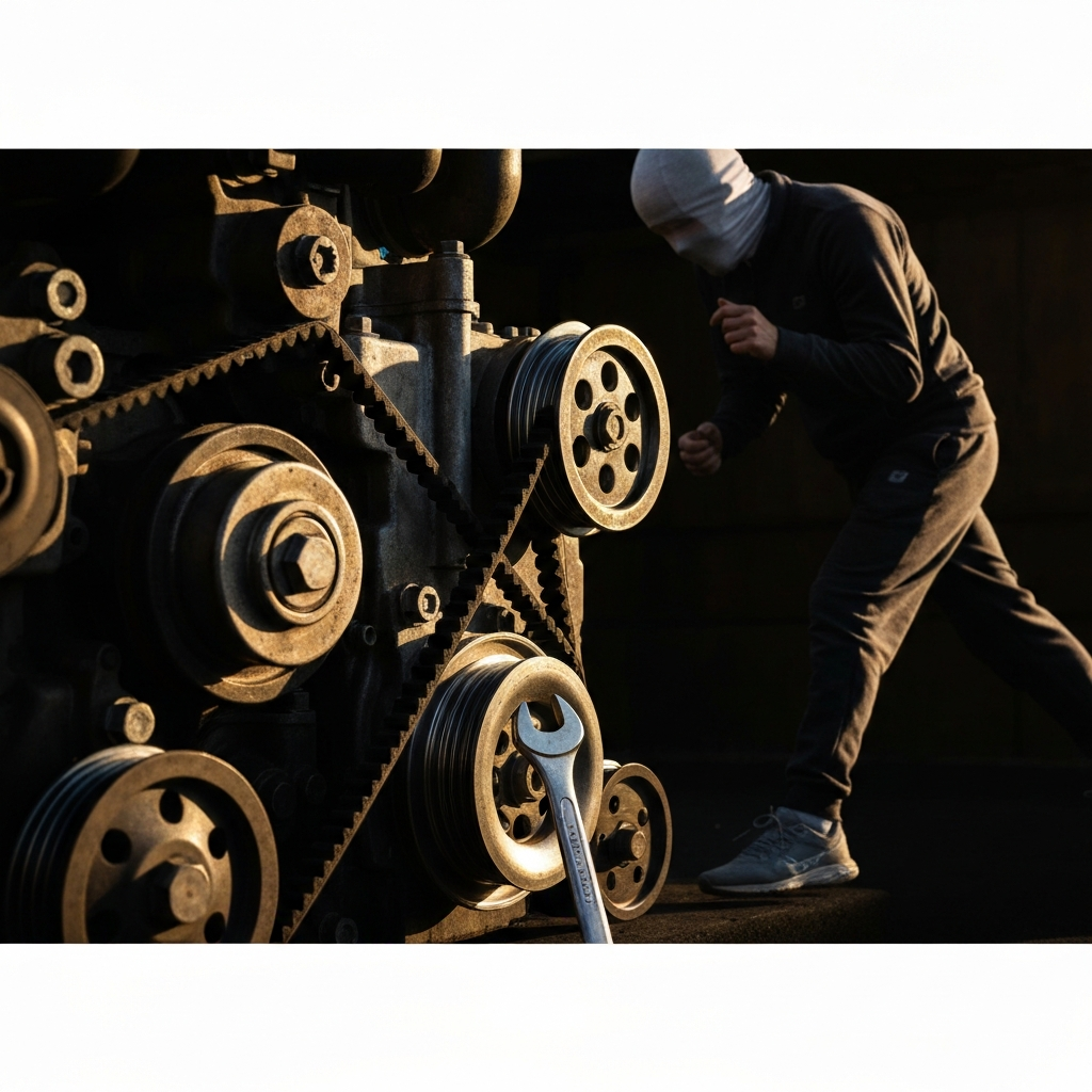 Close-up on engine belts and pulleys, side-lit to accentuate the texture and wear, with a small section of a wrench visible.