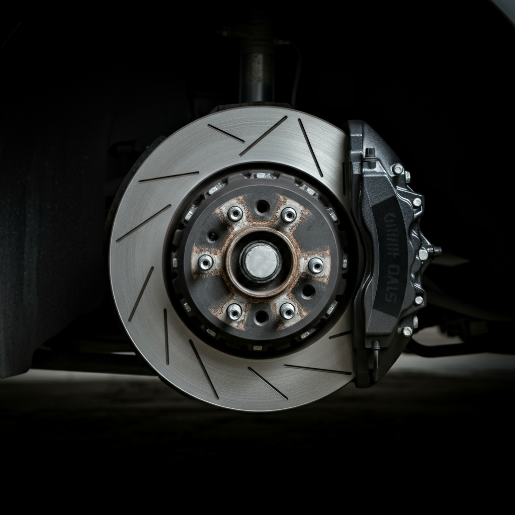 Side view of a car wheel with the brake rotor and caliper visible, with the focus on the brake pad thickness. Diffused daylight for clear visibility of the components.