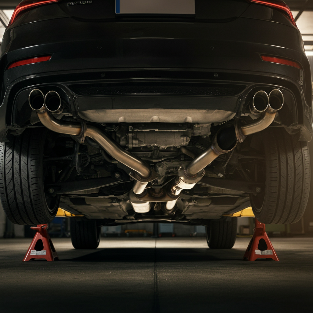 Low-angle shot underneath a car showing the exhaust system, with soft bokeh in the background to highlight the exhaust pipe. The car is safely supported on jack stands.