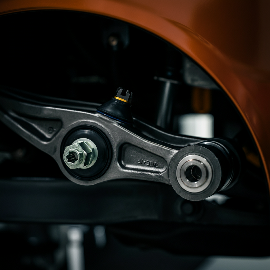 Close-up of a car's suspension components, highlighting the ball joint and control arm. The image has a shallow depth of field to draw attention to the specific parts.
