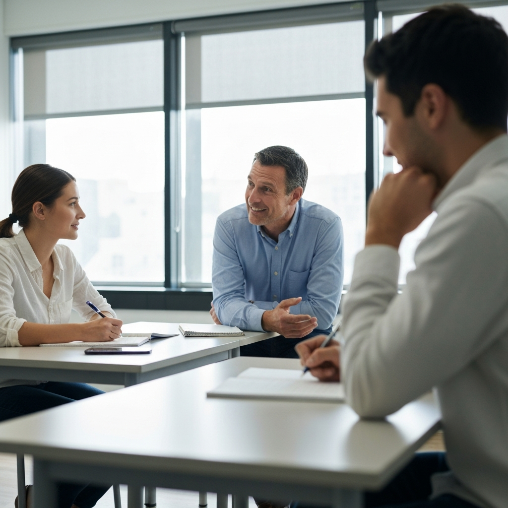 A brightly lit, modern classroom. Two students are sitting at a desk, facing a professor who is leaning forward and speaking with a friendly expression. One student is taking notes diligently, while the other is making eye contact with the professor.