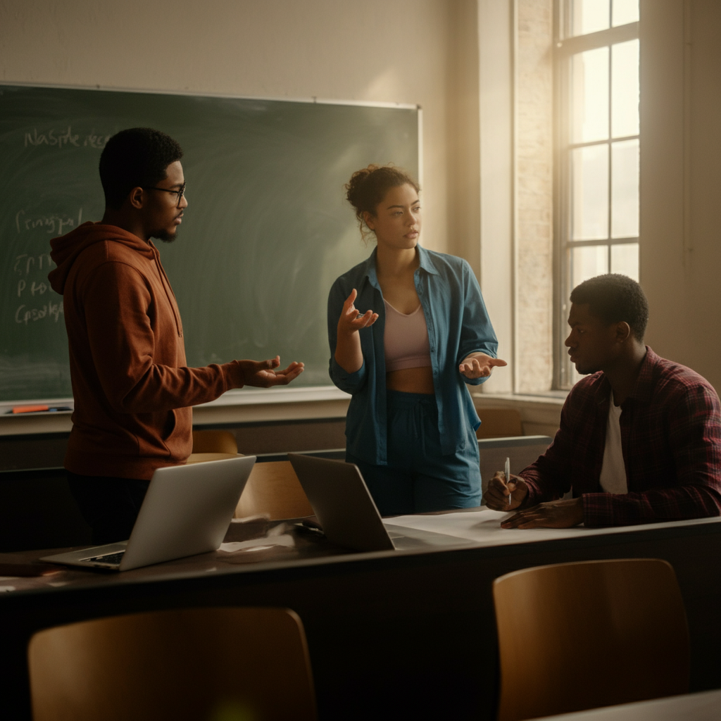 Three students are collaborating on a project in a study room. One student is standing and presenting ideas with open hand gestures, while the other two are seated, nodding attentively and maintaining eye contact.