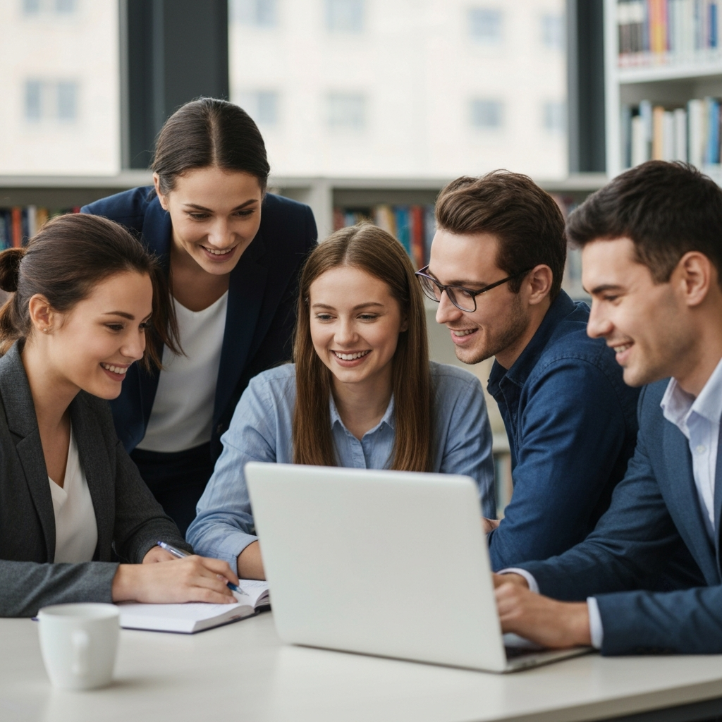 A group of four students is gathered around a table in a library. They are looking at a laptop screen and discussing notes, with smiles and engaged expressions. Soft, natural light filters through the windows.