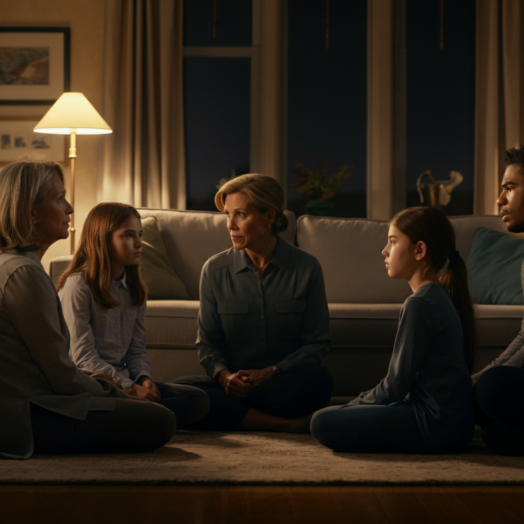 A warmly lit living room at dusk. A family of four – parents, a teenage son, and a younger daughter – are seated in a circle on the floor. Soft bokeh highlights the comfortable furniture and a gentle, diffused light illuminates their faces as they attentively listen to each other. The atmosphere is one of openness and calm.
