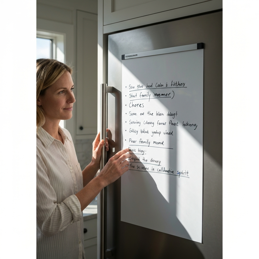 A well-organized kitchen. Sunlight streams through the window, highlighting a whiteboard on the refrigerator door. The whiteboard lists chores assigned to each family member. A close-up focuses on the neat handwriting and clear organization, emphasizing the system's efficiency and collaborative spirit.