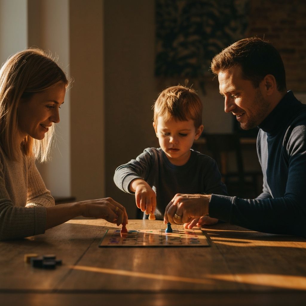 A family of three – parents and a young child – are seated around a wooden table, playing a board game. The room is bathed in golden hour lighting, casting a warm glow on their faces. The focus is on their hands moving game pieces and their engaged expressions, conveying a sense of joy and connection.
