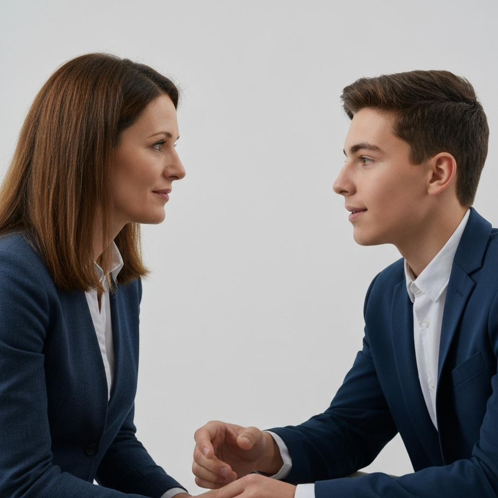 A parent and a teenager are sitting face-to-face, engaged in conversation. The lighting is soft and diffused, highlighting the textures of their clothing and the subtle expressions on their faces. The focus is on their eye contact and attentive body language, demonstrating active listening.