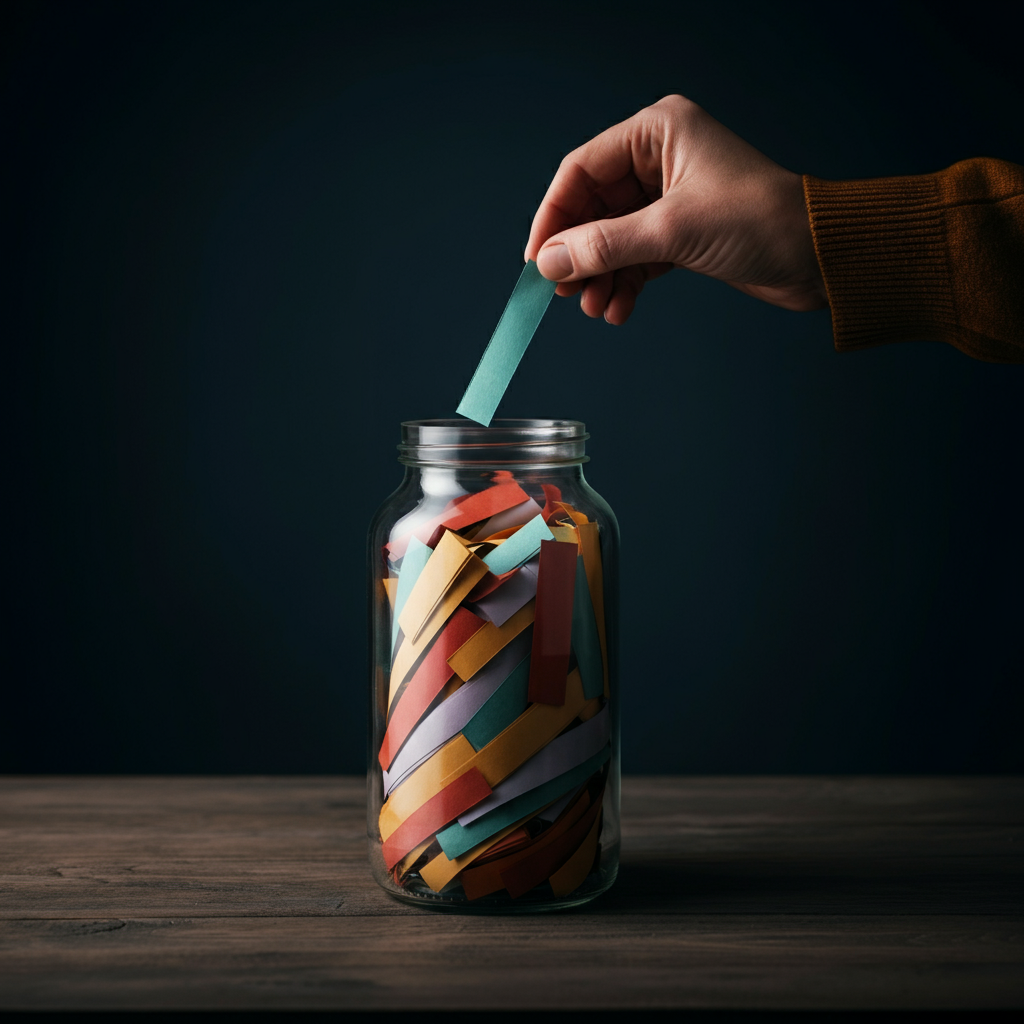 Close-up of a glass jar filled with colorful slips of paper. The lighting is soft and inviting, highlighting the different colors and textures of the paper. A hand reaches into the jar to pull out a slip, symbolizing the act of expressing gratitude.