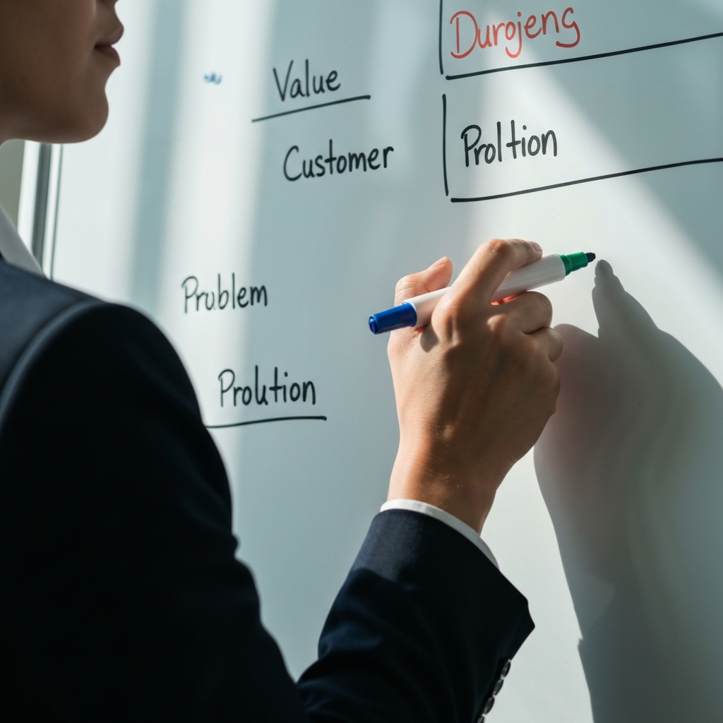Close-up shot of a person brainstorming ideas on a whiteboard, using colorful markers. The whiteboard is partially visible, showcasing keywords like "Value," "Customer," "Problem," and "Solution." Soft, natural light illuminates the scene.