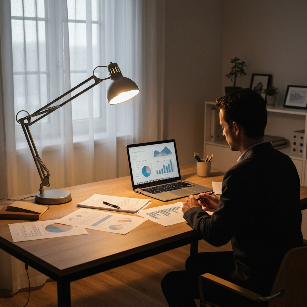 A person sitting at a desk in a home office, surrounded by research papers and a laptop displaying market analysis charts. Warm, inviting lighting from a desk lamp creates a focused atmosphere.