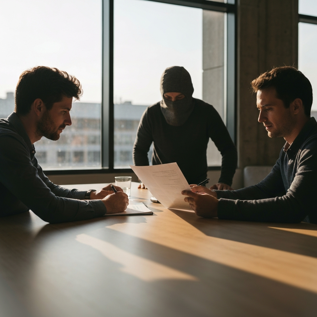 Two people sitting across from each other at a modern conference table, reviewing a competitor analysis document. Natural light streams in through a large window, casting soft shadows on the table.