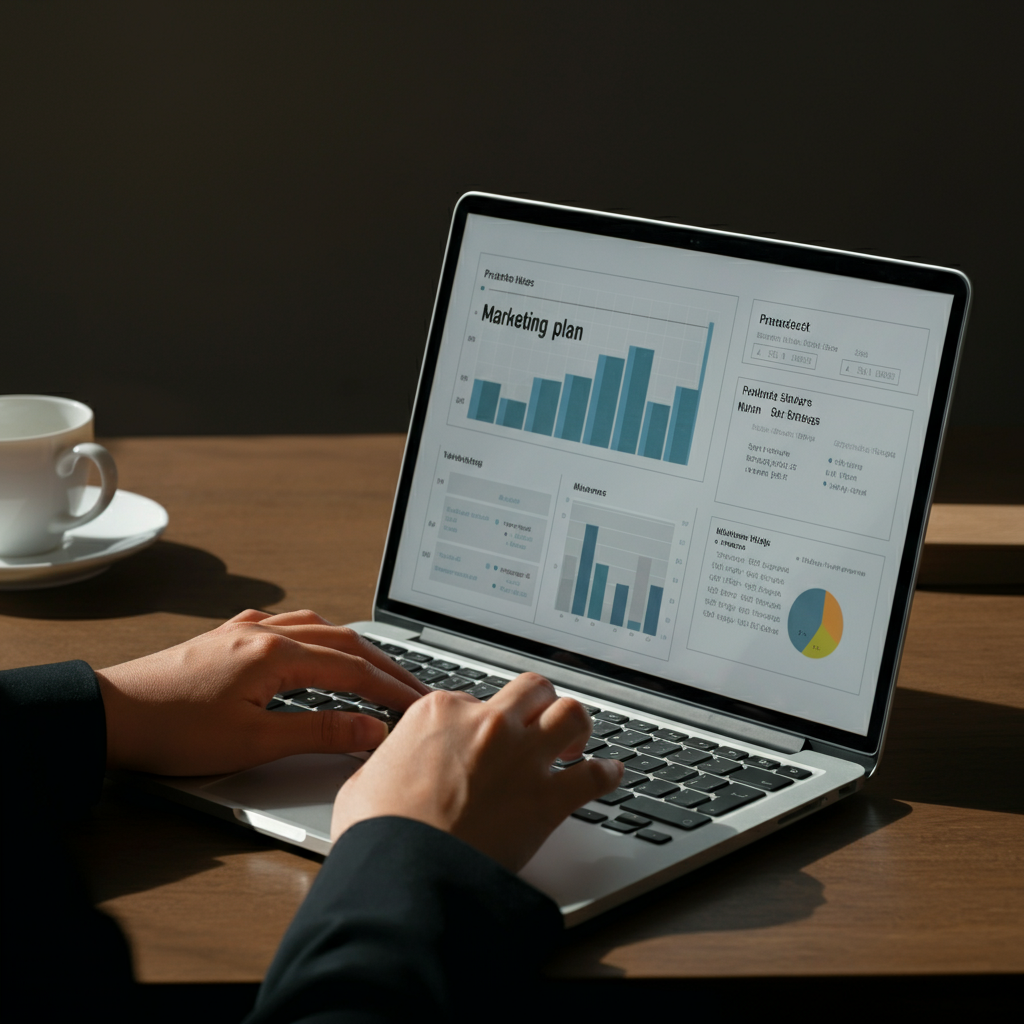 A person working on a laptop, displaying a marketing plan presentation with visuals, graphs, and bullet points. The laptop is on a wooden desk with a cup of coffee next to it, illuminated by the soft light from a window.