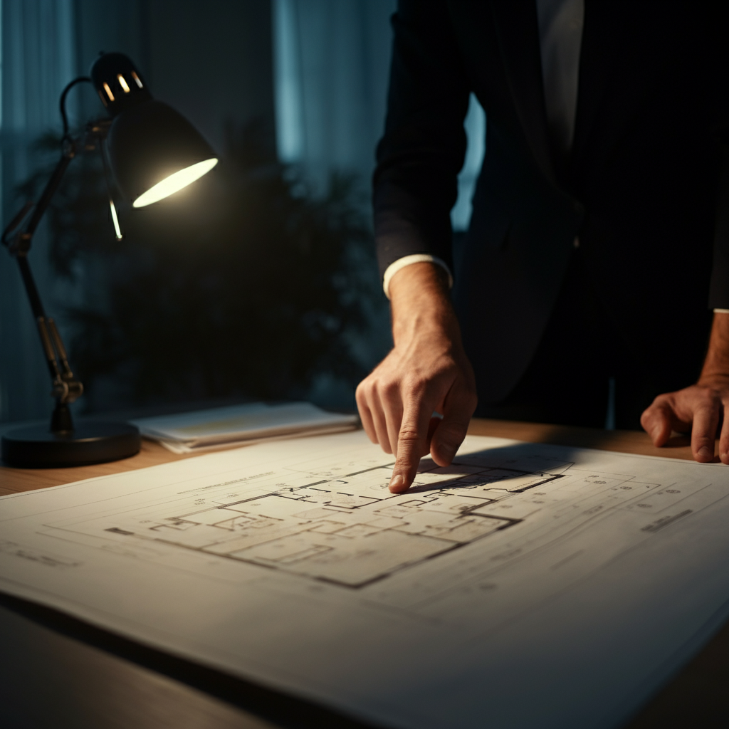 A well-organized office space with a blueprint of an operational layout on a desk. A hand points to a specific section on the blueprint, highlighting a key operational process.