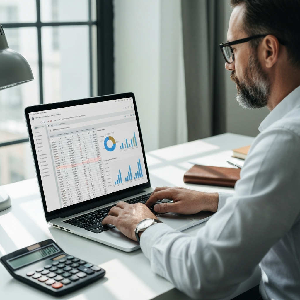 A person using a spreadsheet program on a computer, displaying financial data and charts. The computer is positioned on a clean, minimalist desk with a calculator and a notebook nearby.