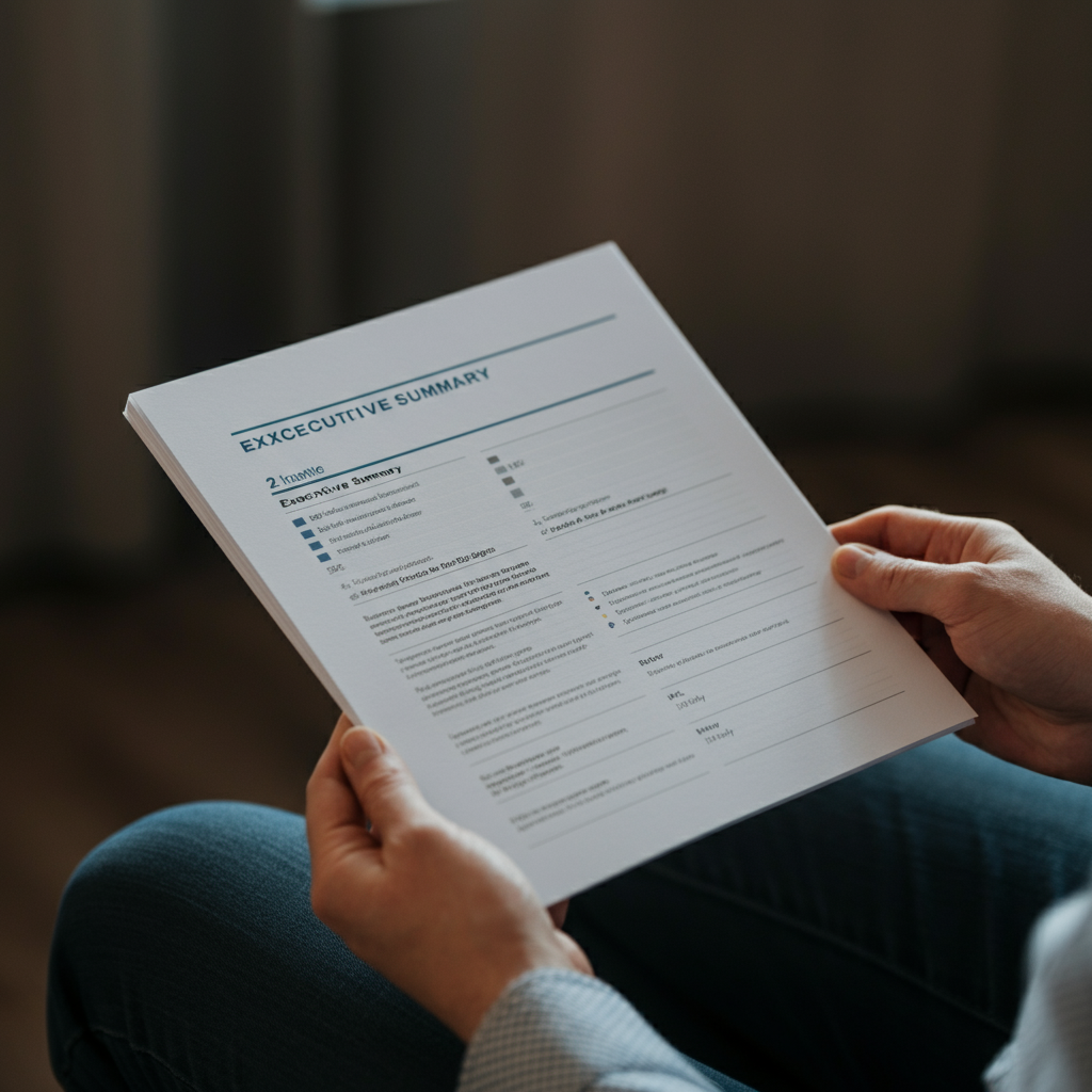 A close-up shot of a person holding a professionally printed business plan, focusing on the executive summary page. The lighting is soft and highlights the crisp paper and clear typography.