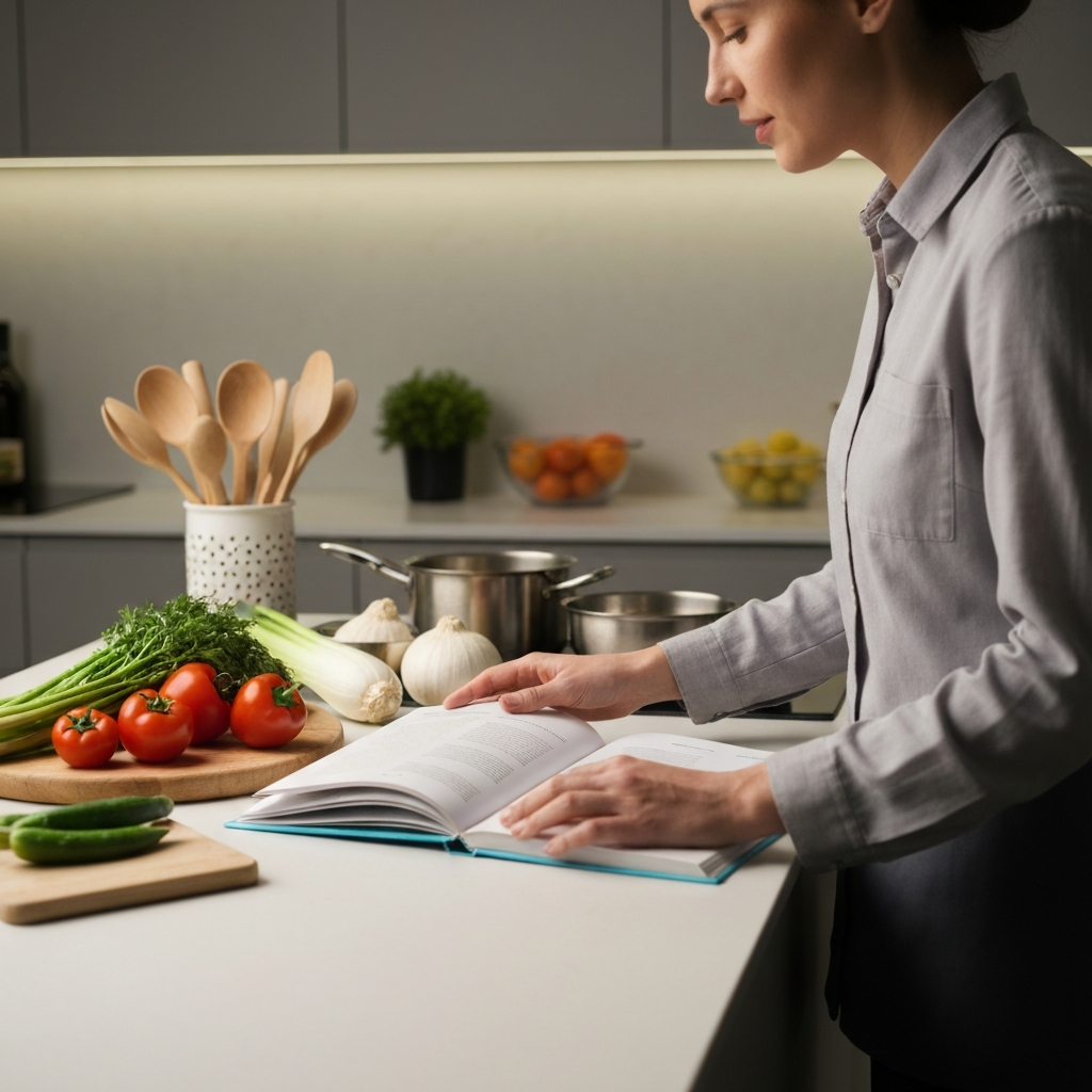 A well-lit kitchen counter with a recipe book open, surrounded by fresh vegetables and neatly arranged cooking utensils. Soft bokeh in the background, highlighting the ingredients.