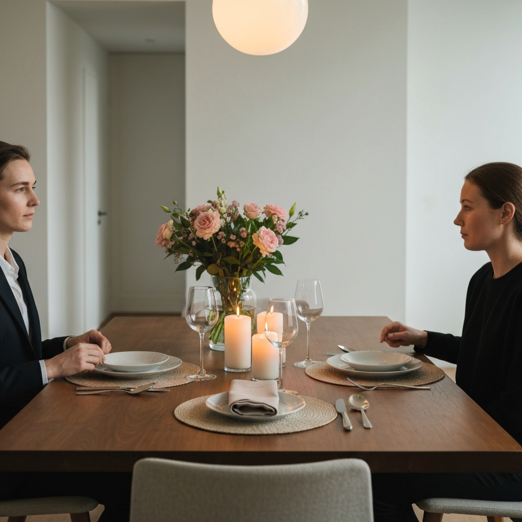 A dining table set for dinner, featuring elegant tableware, flickering candlelight, and a vase of fresh flowers. Soft, warm lighting creates an inviting atmosphere.