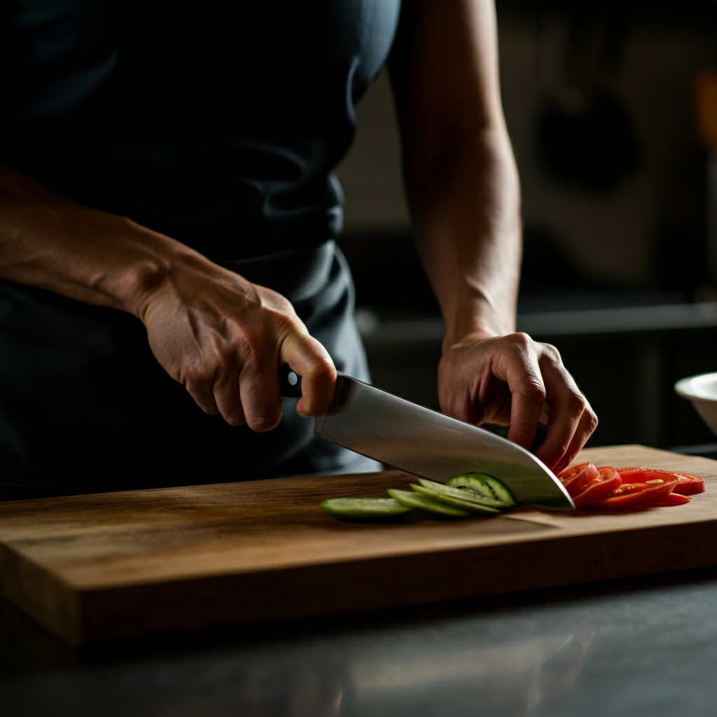 A close-up shot of a chef's hands expertly chopping vegetables on a wooden cutting board. Side-lit texture emphasizing the sharpness of the knife and the freshness of the produce.