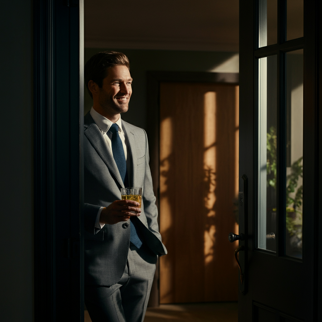 A host warmly greeting guests at the front door, offering a drink with a smile. Natural daylight streaming through the doorway, creating a welcoming scene.