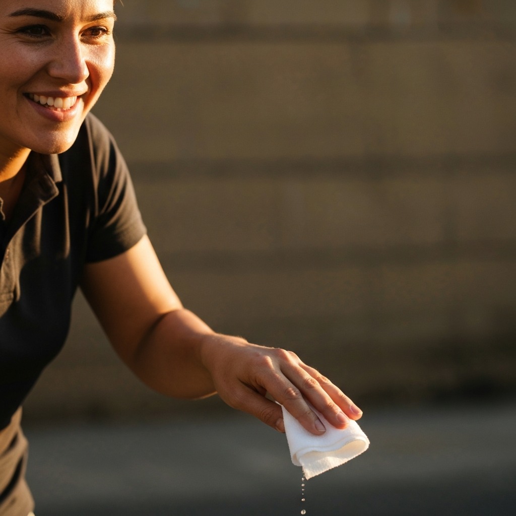 A close-up shot of a host gracefully handling a minor spill, wiping it up with a smile and reassuring words. Soft focus on the background to minimize distractions.