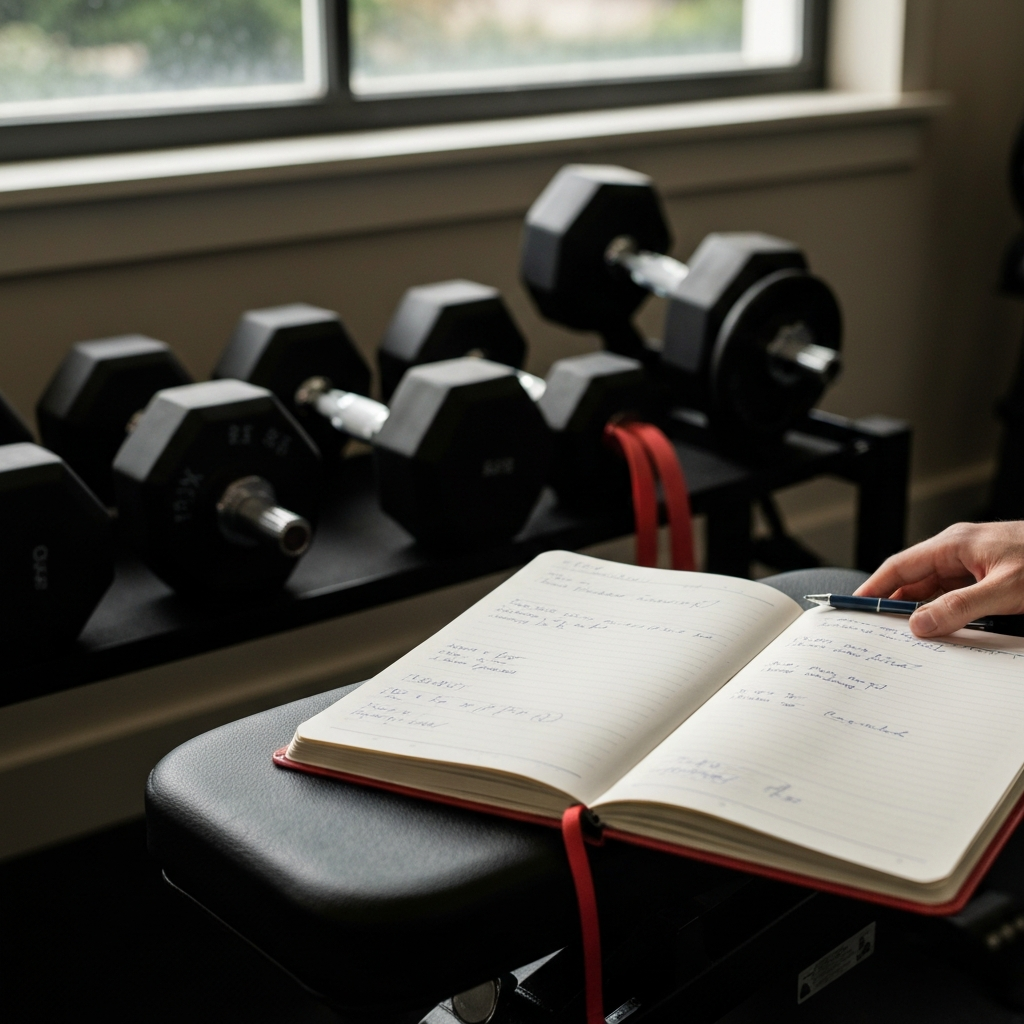 A well-equipped home gym with adjustable dumbbells and resistance bands. A fitness journal sits on a weight bench, softly lit by natural light filtering through a nearby window. Close-up on the open journal, showing handwritten notes on workout sets and reps, captured with shallow depth of field.