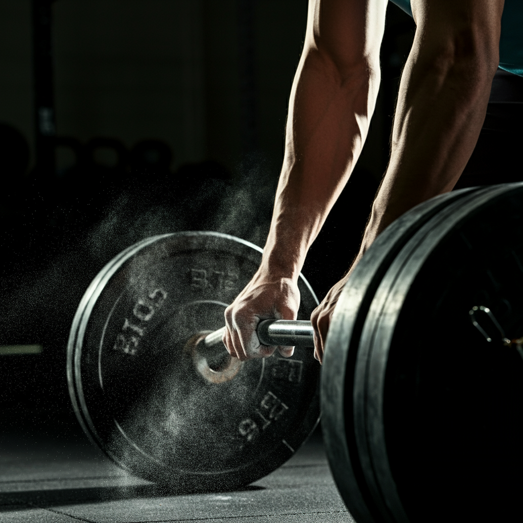 A close-up of a weightlifter's hands chalking a barbell in preparation for a deadlift. The barbell is heavily loaded with weight plates, creating a sense of intensity and determination. The light is focused on the hands and the barbell, blurring the background.