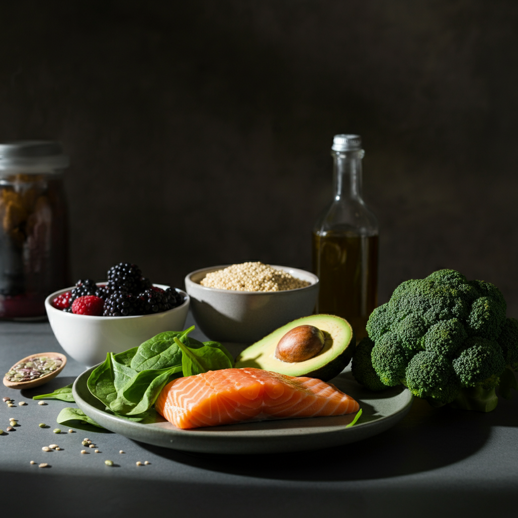 A beautifully arranged kitchen counter displaying a variety of healthy foods: salmon, avocado, broccoli, quinoa, and mixed berries. Natural light streams in through a window, highlighting the vibrant colors and textures of the fresh ingredients. Soft bokeh in the background creates a sense of depth.