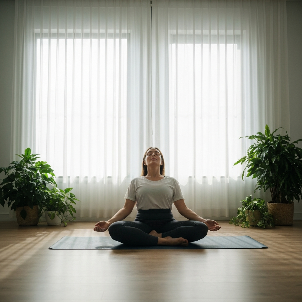 A serene yoga studio bathed in soft, diffused light. A person is shown in a relaxed savasana pose on a yoga mat, with their eyes closed. Green plants adorn the corners of the room, creating a calming and peaceful atmosphere.