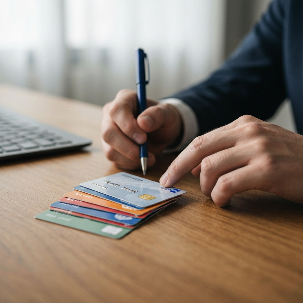 Close-up shot of various credit cards fanned out on a wooden desk, soft natural lighting, shallow depth of field emphasizing one card.