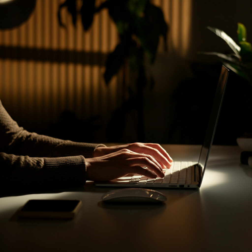 A person calmly paying bills online at a modern desk, bathed in warm, golden hour lighting, focusing on the hands typing on the keyboard.