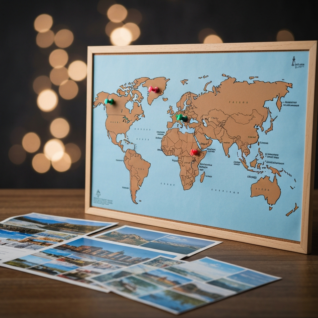 A world map on a corkboard with pushpins marking various destinations, surrounded by travel brochures and postcards, soft bokeh in the background.