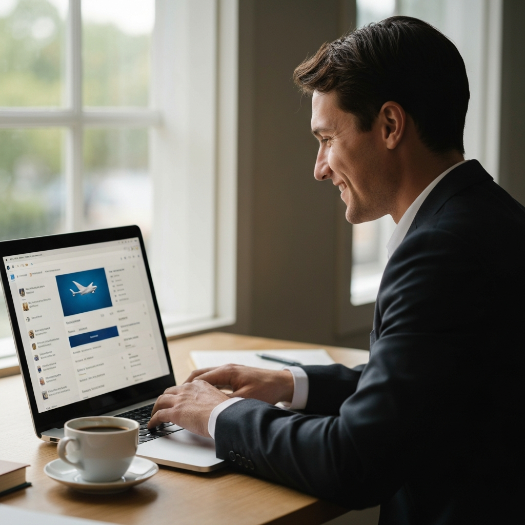 A person smiling while looking at a laptop screen displaying flight search results, a cup of coffee on the desk, natural light filtering through the window.