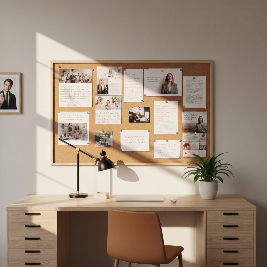 An organized home office with a large vision board on the wall. The board features inspiring images, quotes, and goals written in colorful markers. Sunlight creates a warm glow, emphasizing the textures of the corkboard and printed materials. A potted plant sits on the desk, adding a touch of nature.