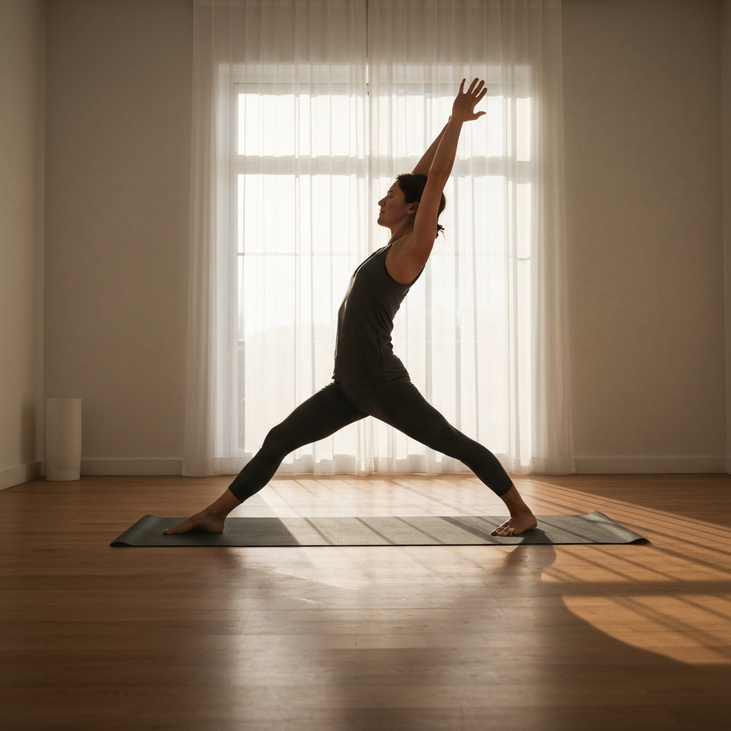 A person practices yoga in a bright, airy room with minimalist decor. Soft sunlight filters through sheer curtains, casting gentle shadows on the wooden floor. The focus is on the person's graceful posture and peaceful expression.