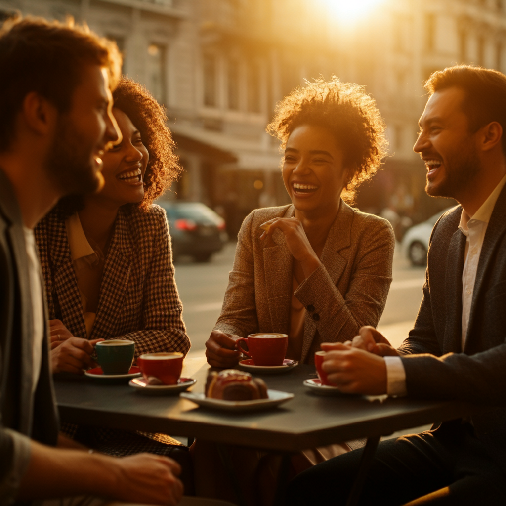 A group of diverse friends laughing and talking at an outdoor cafe. Golden hour lighting creates a warm, inviting atmosphere. The table is filled with coffee cups and pastries, suggesting a relaxed and comfortable gathering.