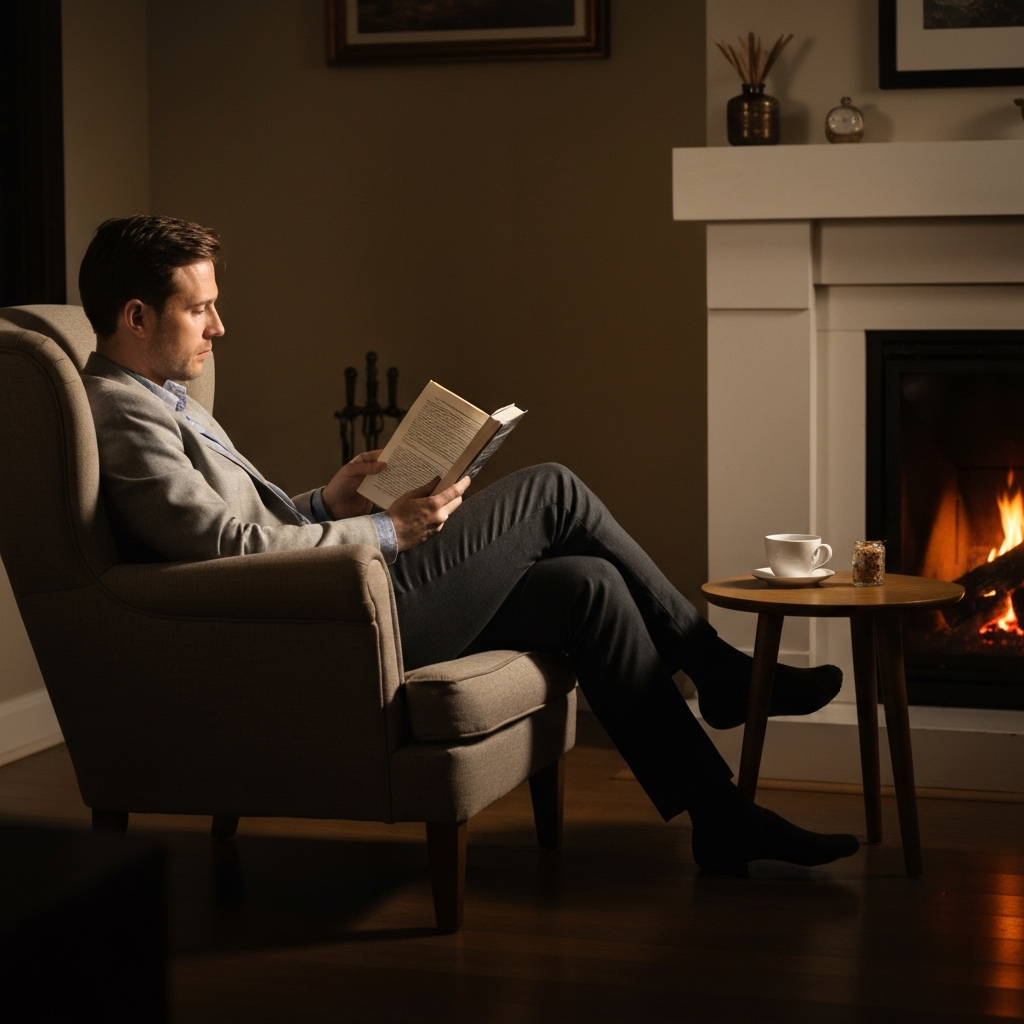 A person engrossed in reading a book in a cozy armchair by a fireplace. The room is softly lit, creating a warm and inviting atmosphere. A cup of tea sits on a nearby table, suggesting a relaxing and contemplative moment.