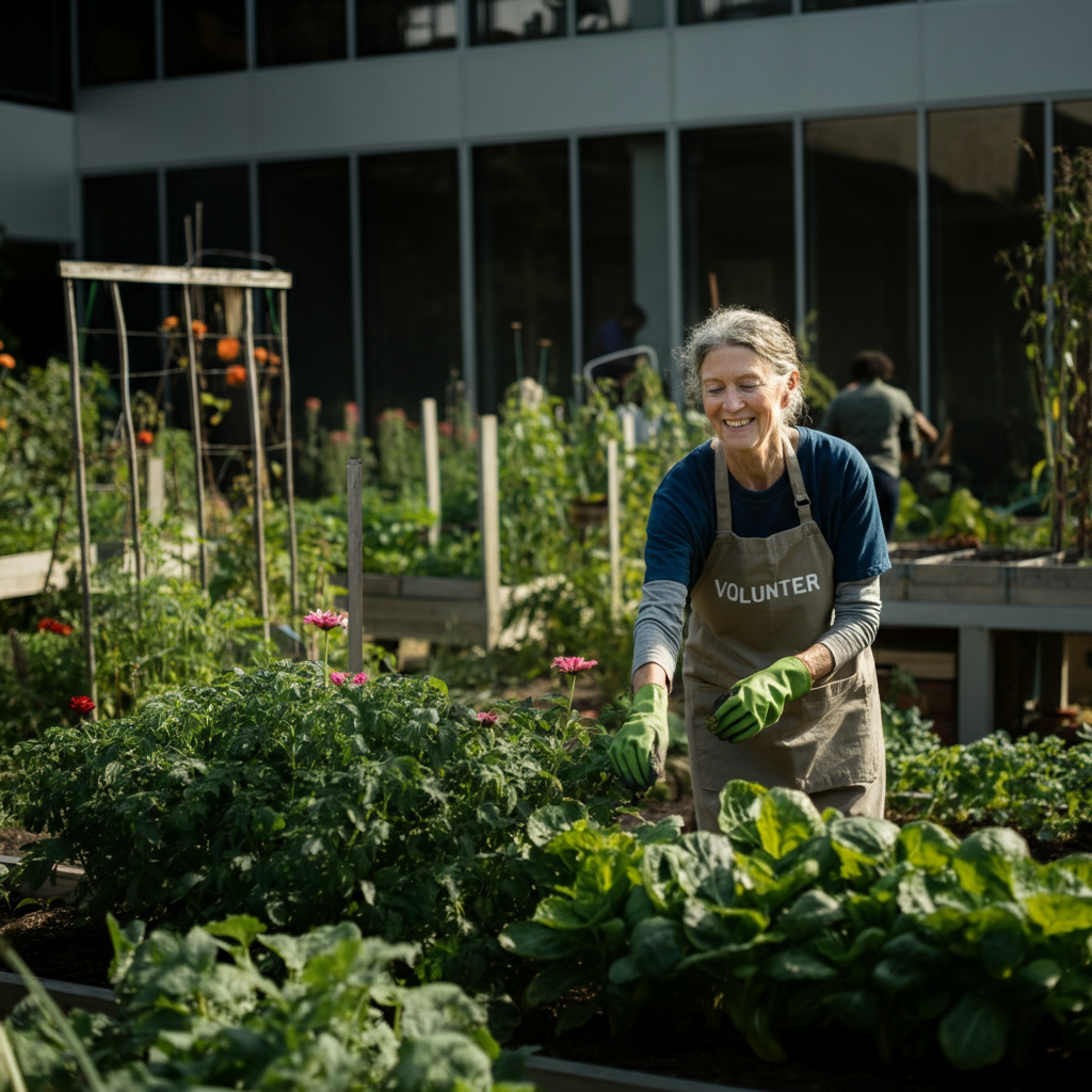 A volunteer helping at a community garden. The scene is filled with lush greenery and vibrant flowers. Soft, diffused light creates a peaceful and harmonious atmosphere. The focus is on the volunteer's genuine smile and their connection with nature.
