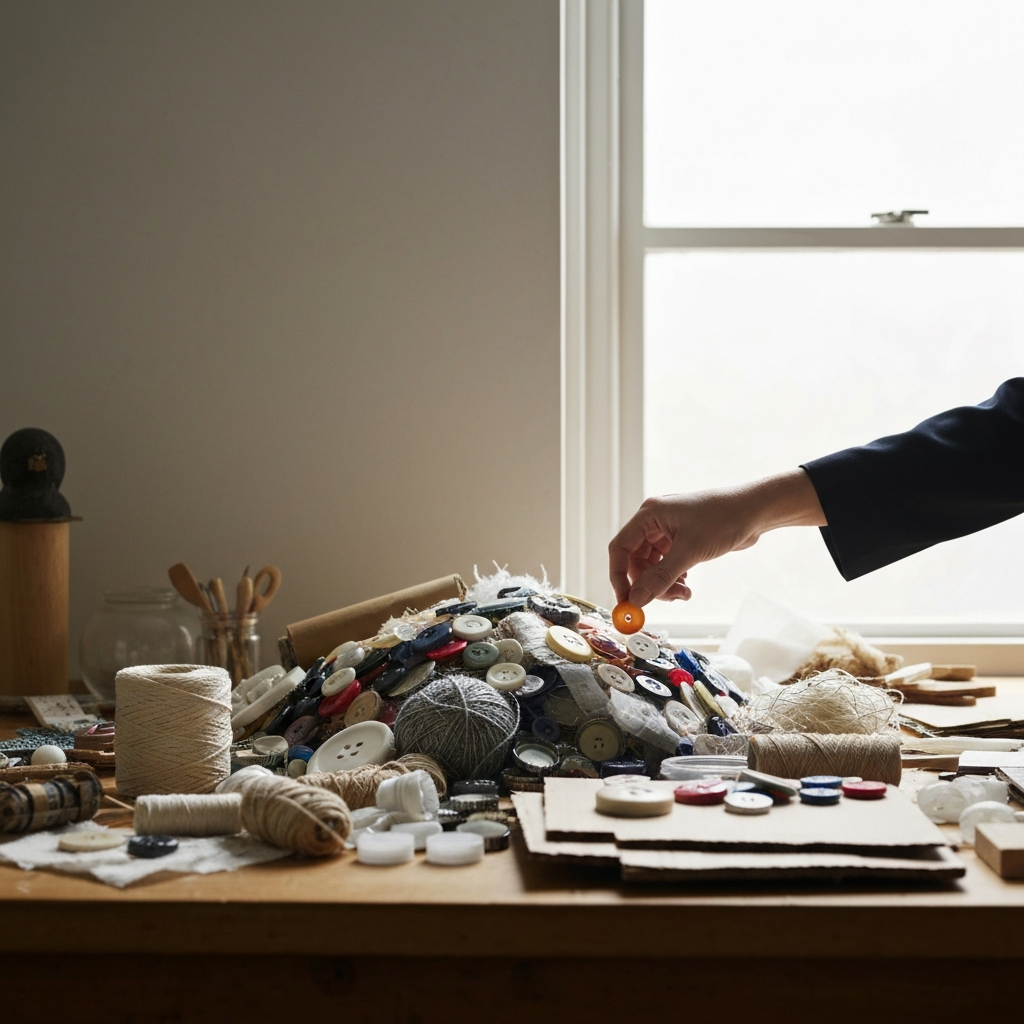 A brightly lit studio space with a workbench overflowing with various everyday objects – buttons, string, bottle caps, fabric scraps, and pieces of cardboard. The objects are arranged haphazardly, creating a textured and visually interesting composition. Soft, diffused light from a large window illuminates the scene, highlighting the different textures of the materials. A hand reaches into the pile, selecting a colorful button.